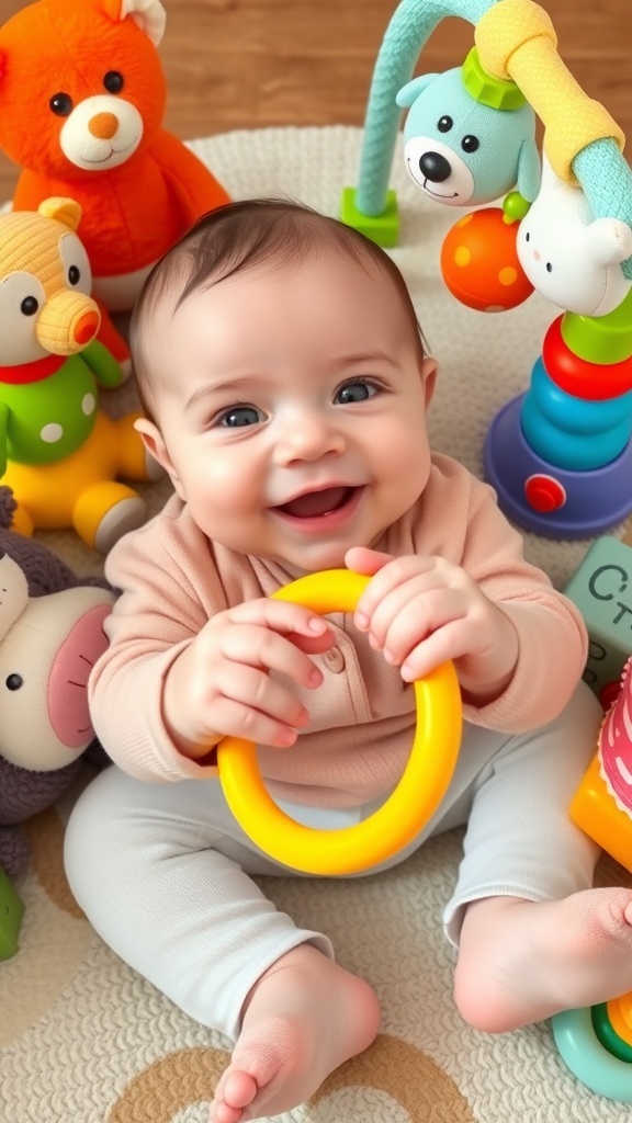 A happy baby playing with various colorful toys on a soft play mat.